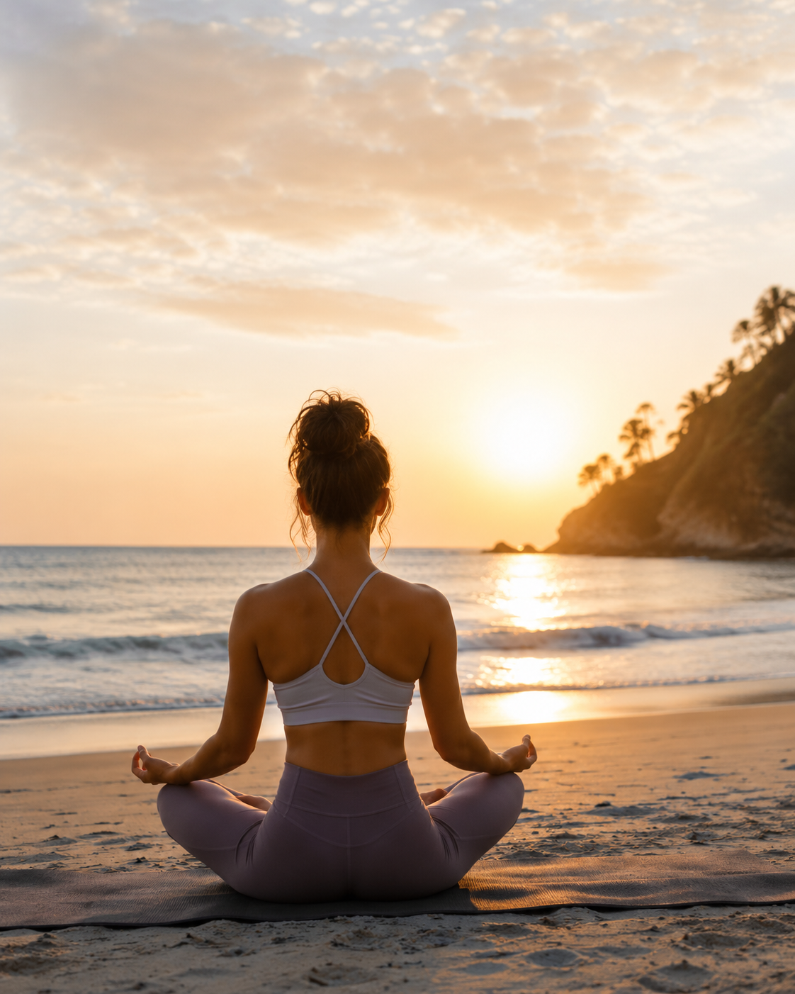 Woman meditating in lotus pose on a beach at sunset