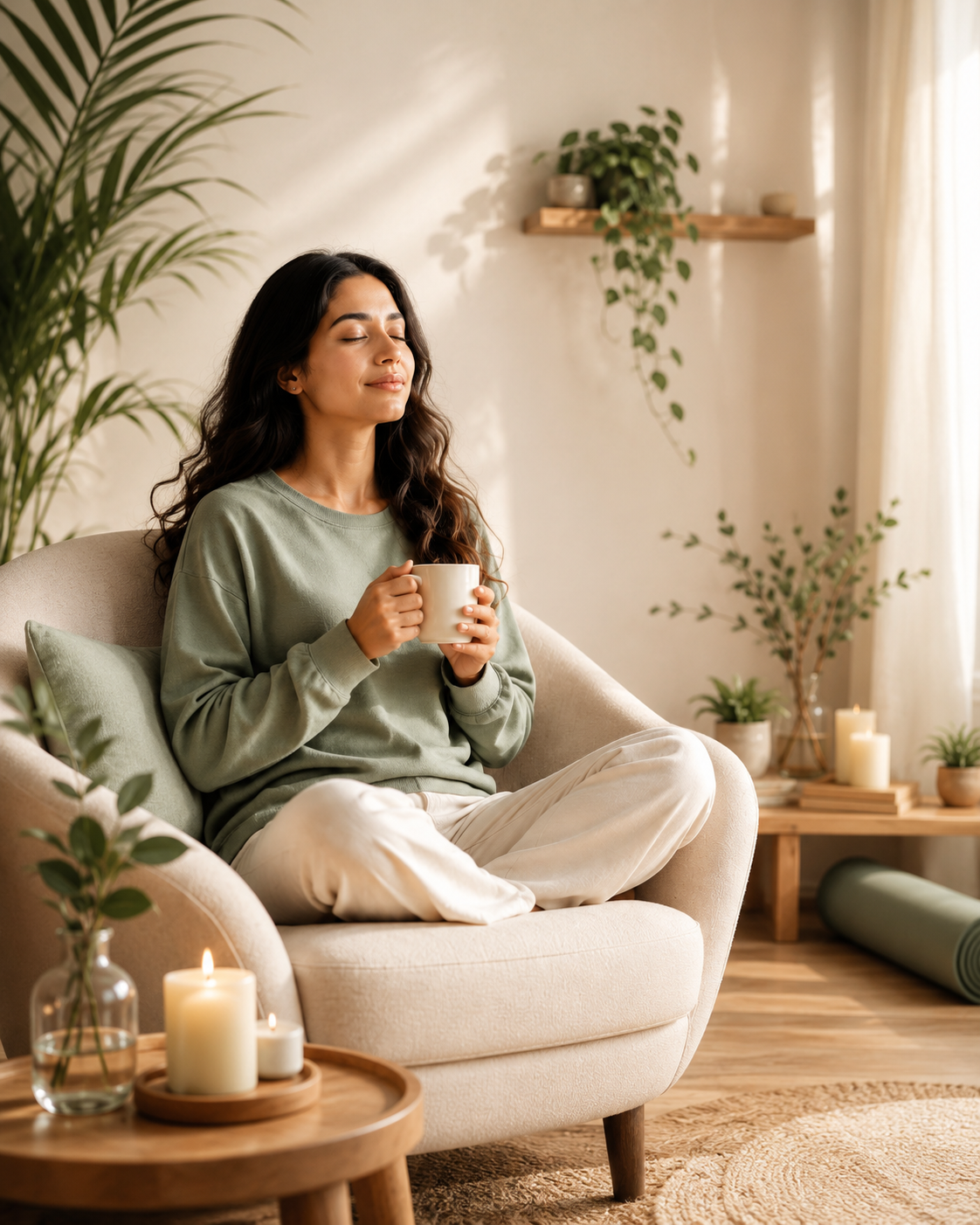Woman relaxing at home with a warm drink, surrounded by plants and candles